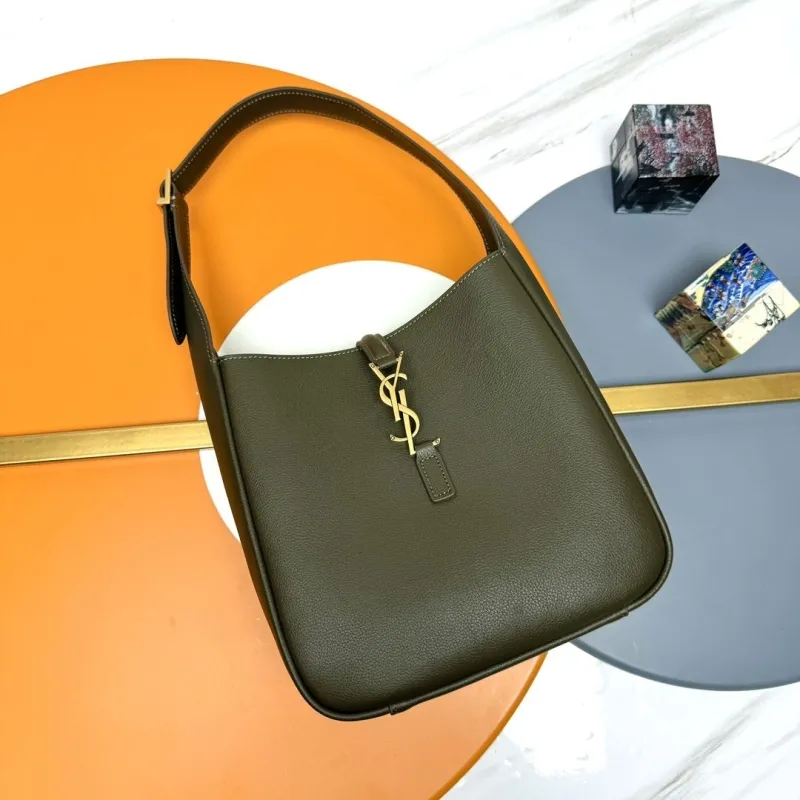 YSL Olive Green Leather Hobo Shoulder Bag