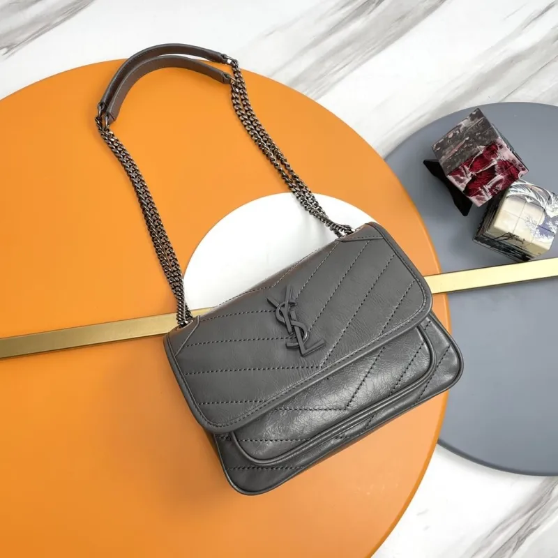 YSL Gray Leather Chain Shoulder Bag