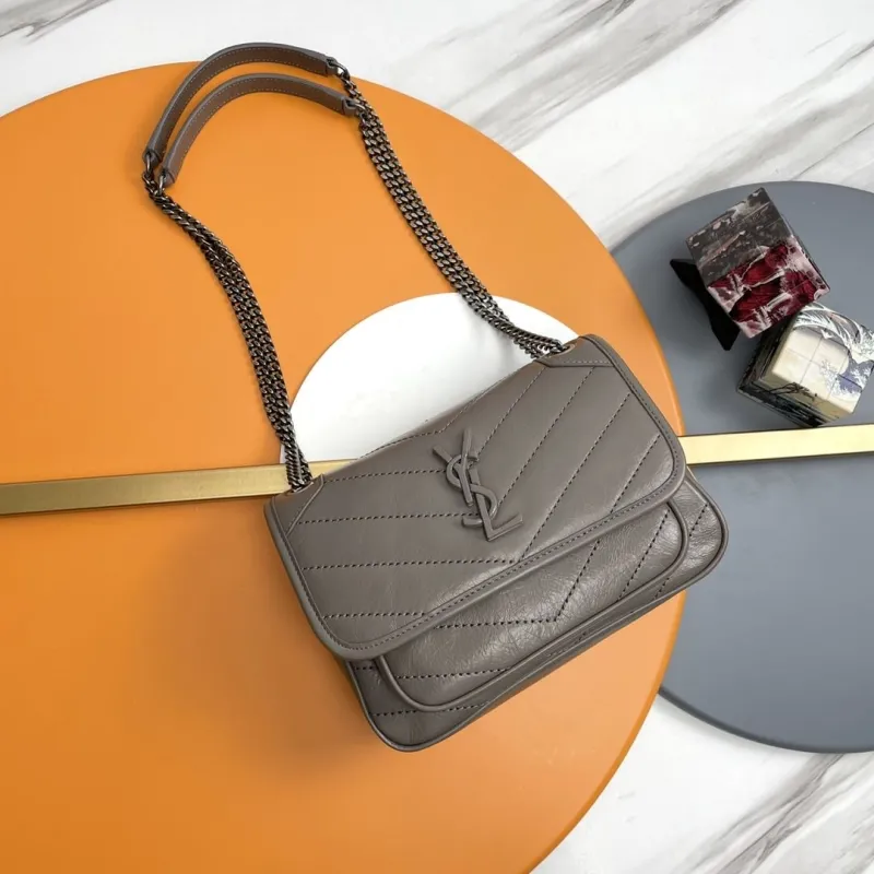 YSL Gray Leather Chain Shoulder Handbag