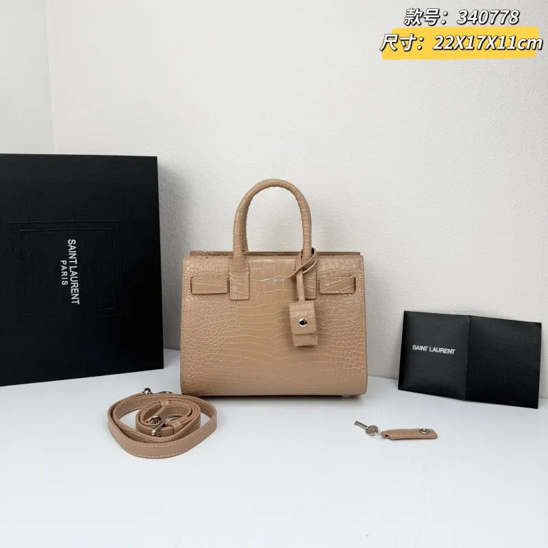 Saint Laurent Croc Embossed Top Handle Bag Beige 340778
