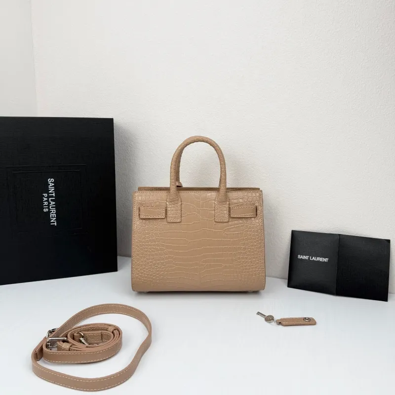 Saint Laurent Croc Embossed Top Handle Bag Beige 340778 - Image 3