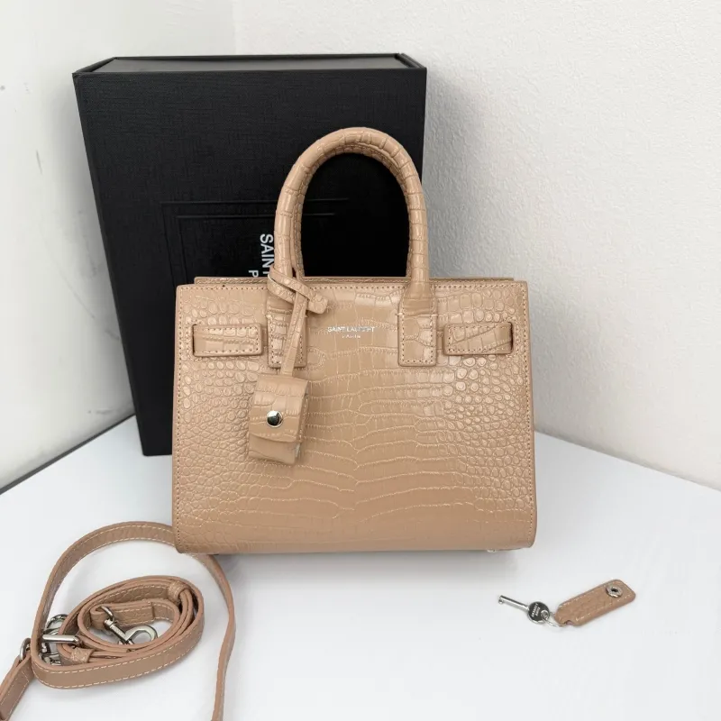 Saint Laurent Croc Embossed Top Handle Bag Beige 340778 - Image 5