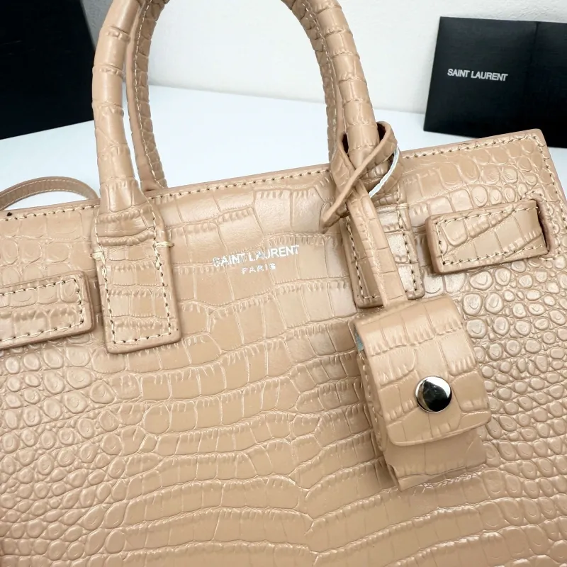 Saint Laurent Croc Embossed Top Handle Bag Beige 340778 - Image 6