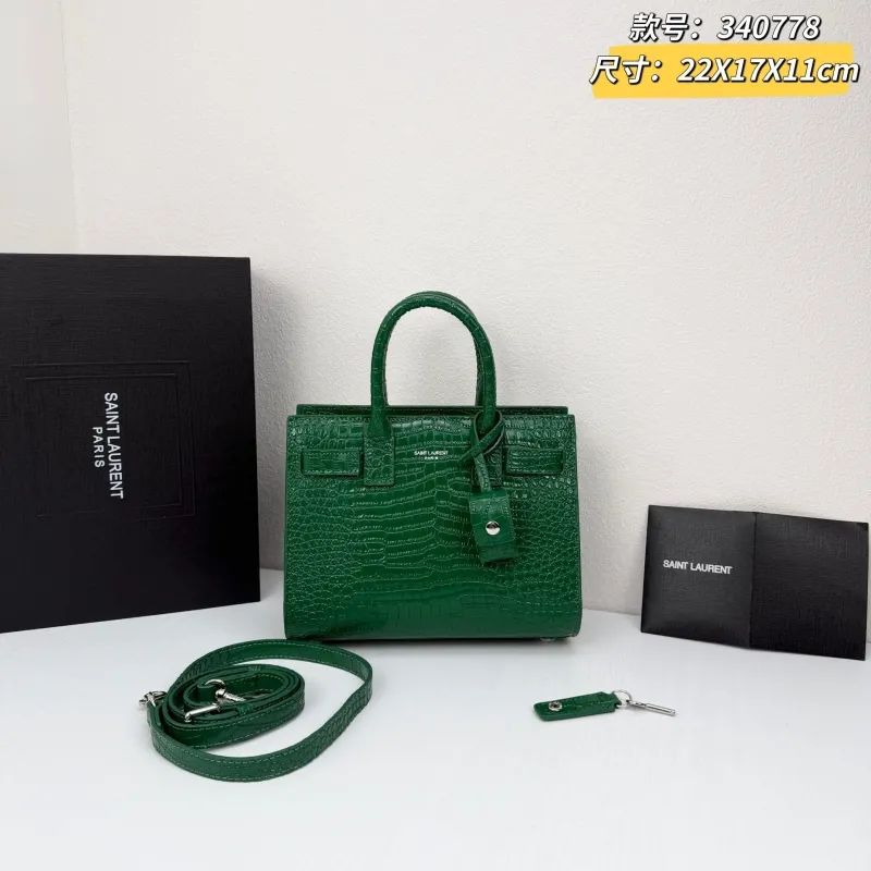Saint Laurent Green Croc Embossed Top Handle Bag 340778
