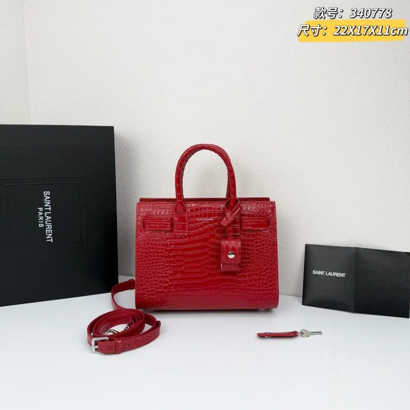 Saint Laurent Red Croc Embossed Top Handle Bag 340778