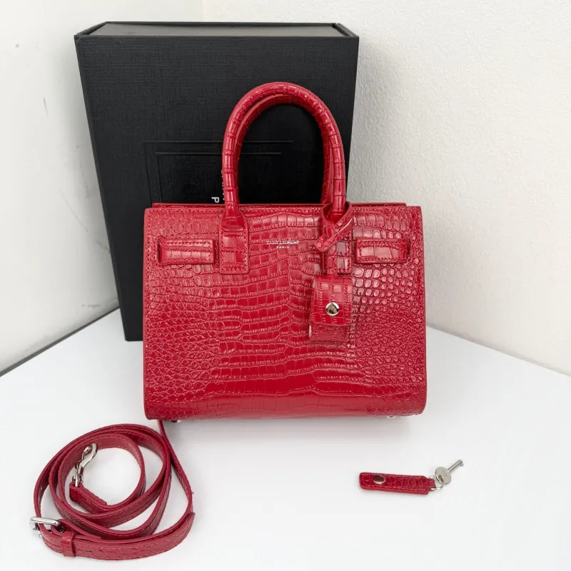 Saint Laurent Red Croc Embossed Top Handle Bag 340778 - Image 5