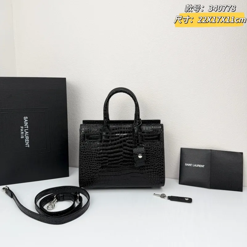 Saint Laurent Black Crocodile Embossed Top Handle Bag 340778