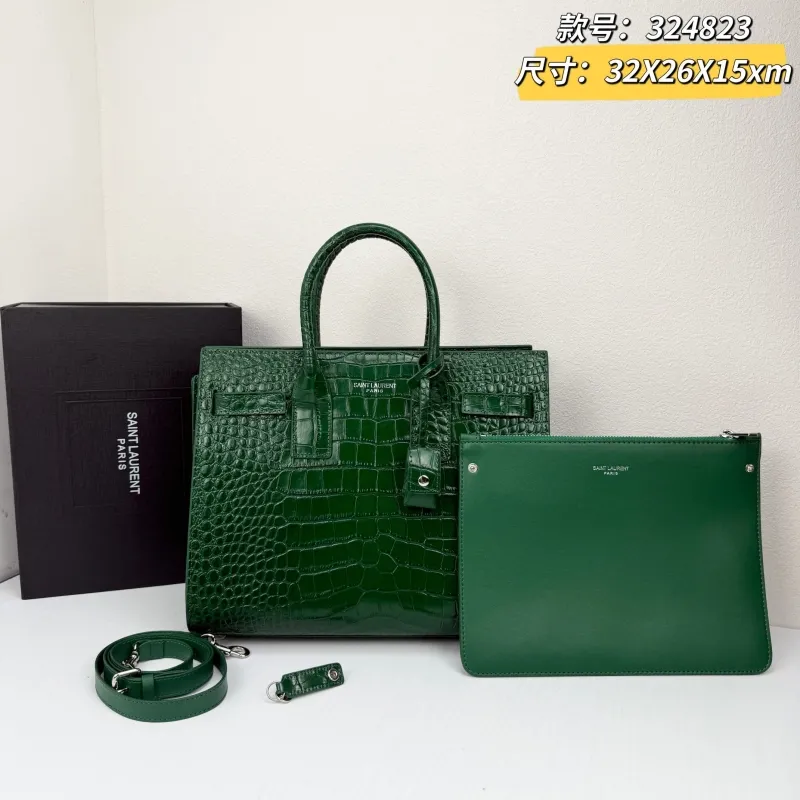 Saint Laurent Green Croc Embossed Top Handle Bag 324823