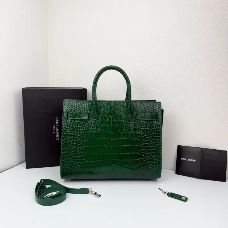 Saint Laurent Green Croc Embossed Top Handle Bag 324823 - Image 3