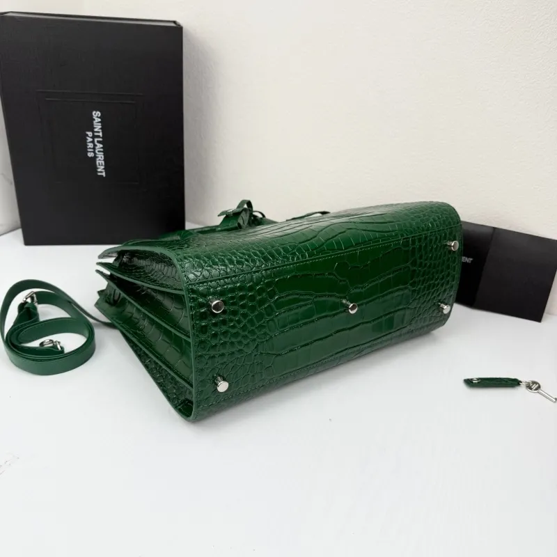 Saint Laurent Green Croc Embossed Top Handle Bag 324823 - Image 4