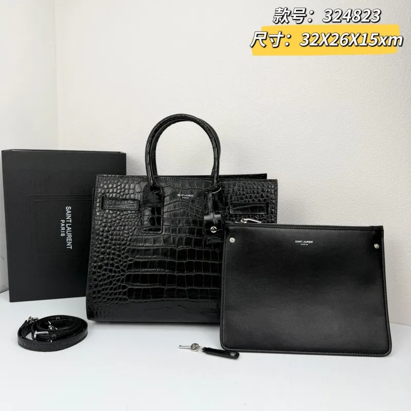 Saint Laurent Black Croc Embossed Top Handle Bag 324823