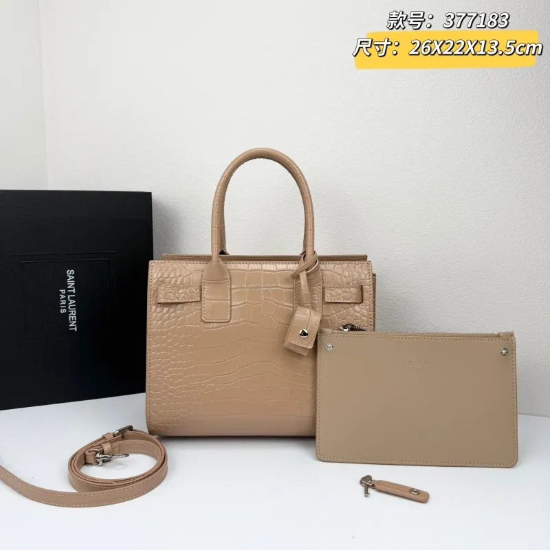 Saint Laurent 377183 Beige Croc Embossed Top Handle Bag