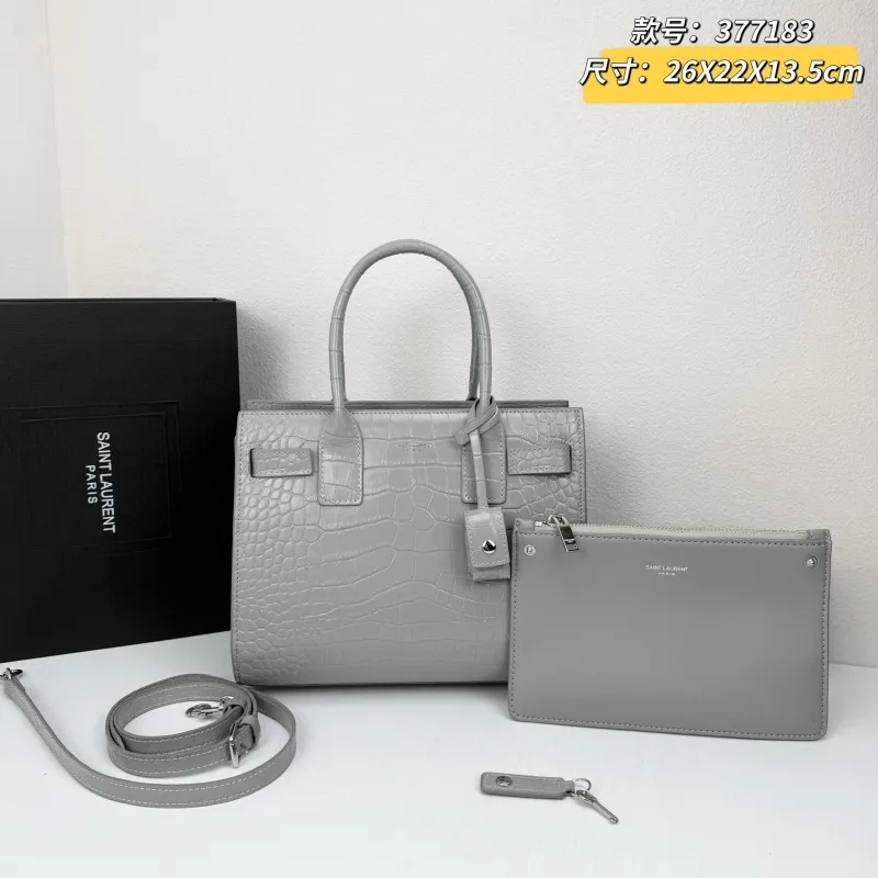Saint Laurent Gray Croc Embossed Top Handle Bag 377183