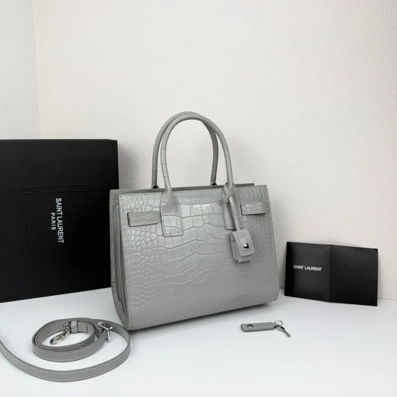 Alternative view of Saint Laurent Gray Croc Embossed Top Handle Bag 377183
