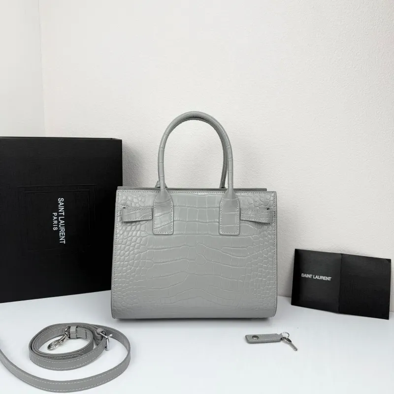 Saint Laurent Gray Croc Embossed Top Handle Bag 377183 - Image 3