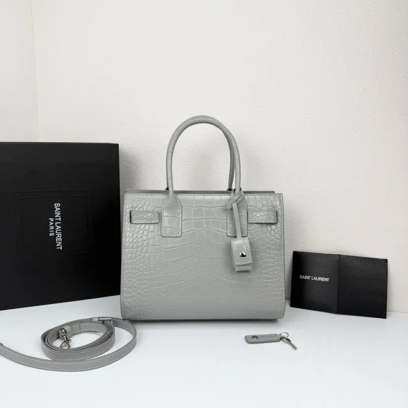 Saint Laurent Gray Croc Embossed Top Handle Bag 377183 - Image 5