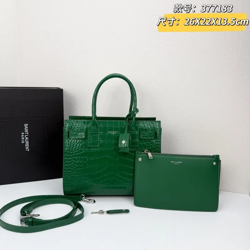 Saint Laurent Green Crocodile Top Handle Bag 377183 with Pouch