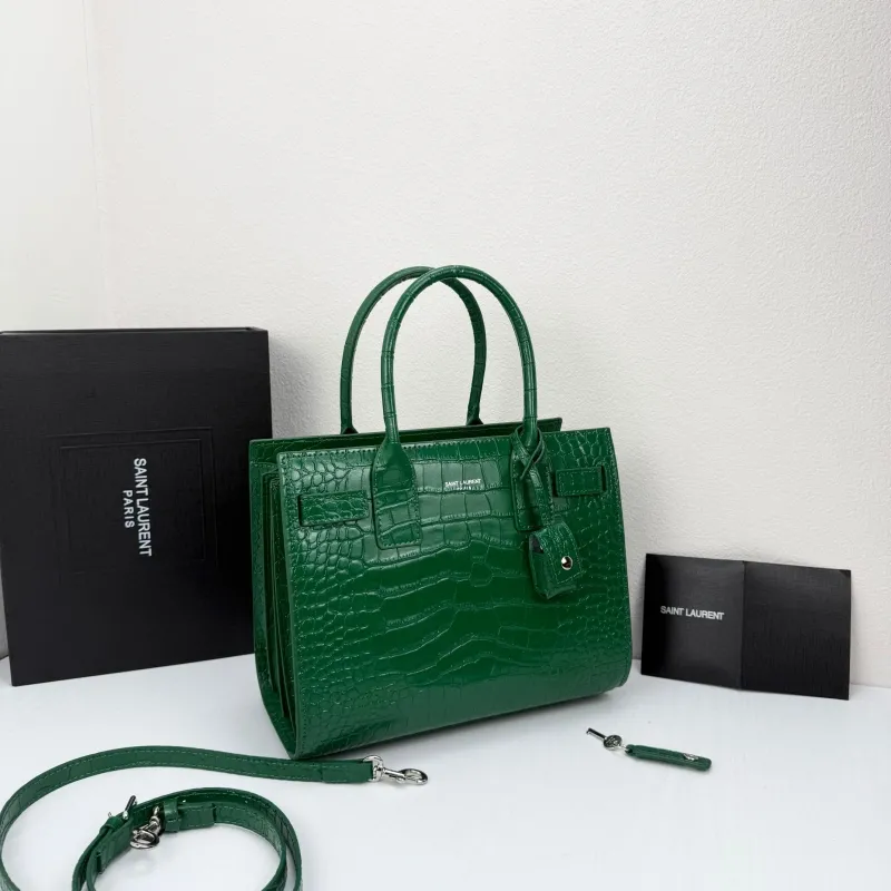 Alternative view of Saint Laurent Green Crocodile Top Handle Bag 377183 with Pouch