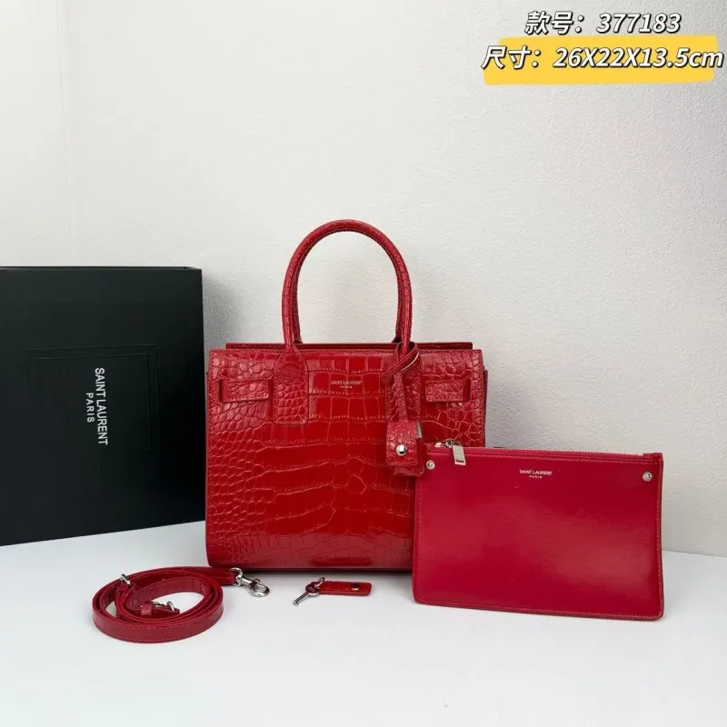 Saint Laurent Red Crocodile Embossed Top Handle Bag 377183