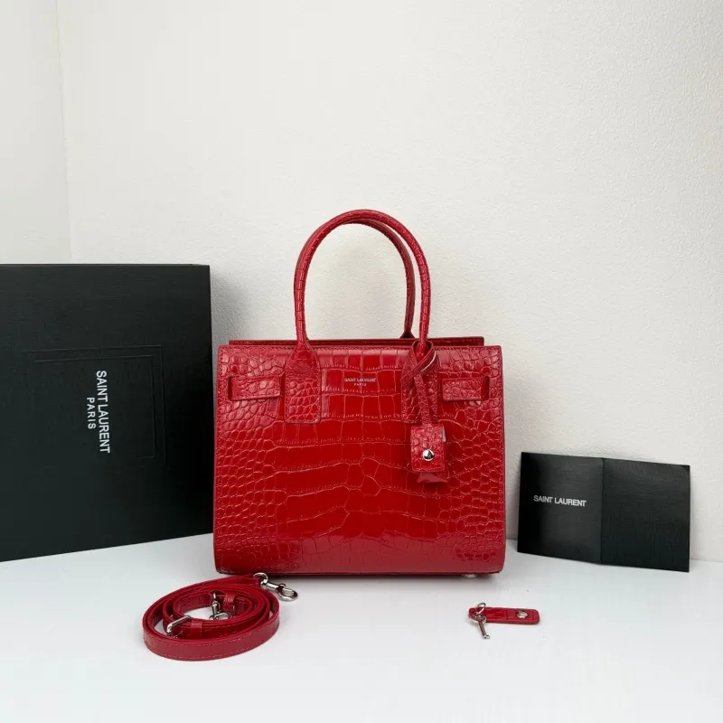 Saint Laurent Red Crocodile Embossed Top Handle Bag 377183 - Image 5