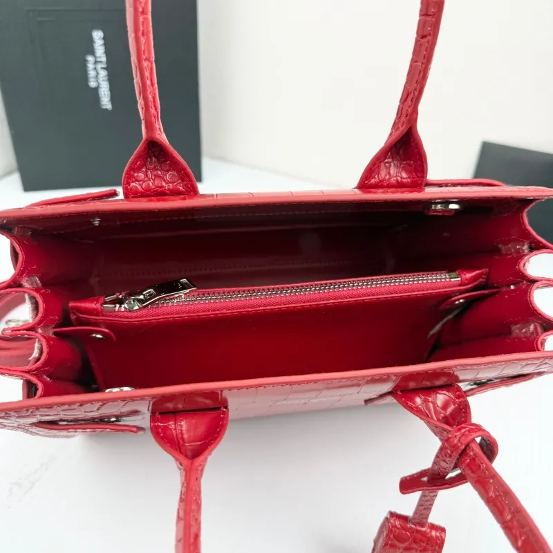 Saint Laurent Red Crocodile Embossed Top Handle Bag 377183 - Image 8