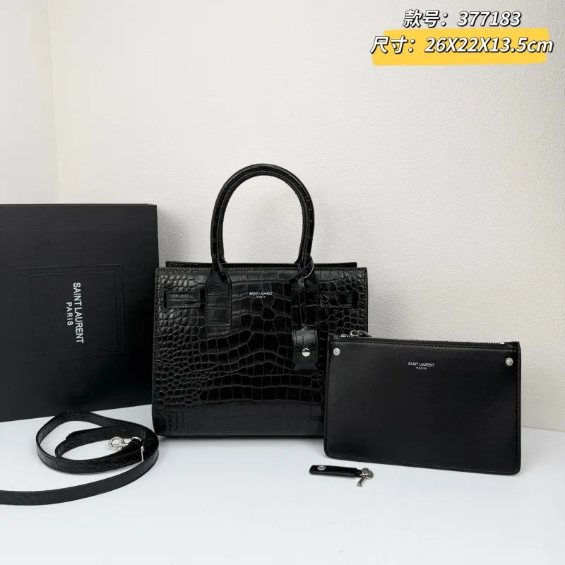Saint Laurent 377183 Black Croc Embossed Top Handle Bag