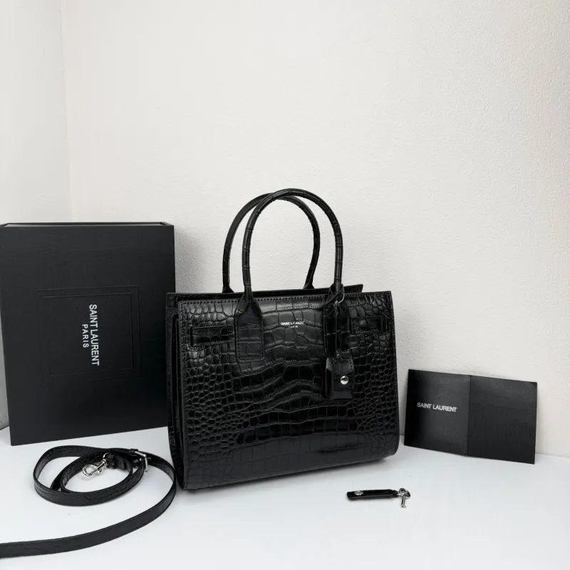Alternative view of Saint Laurent 377183 Black Croc Embossed Top Handle Bag
