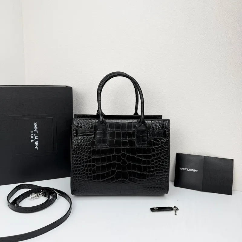 Saint Laurent 377183 Black Croc Embossed Top Handle Bag - Image 3