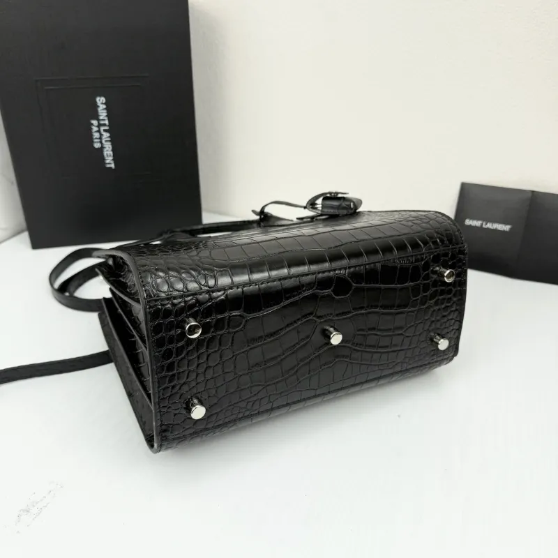 Saint Laurent 377183 Black Croc Embossed Top Handle Bag - Image 4