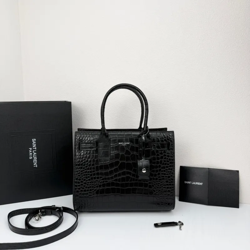Saint Laurent 377183 Black Croc Embossed Top Handle Bag - Image 5