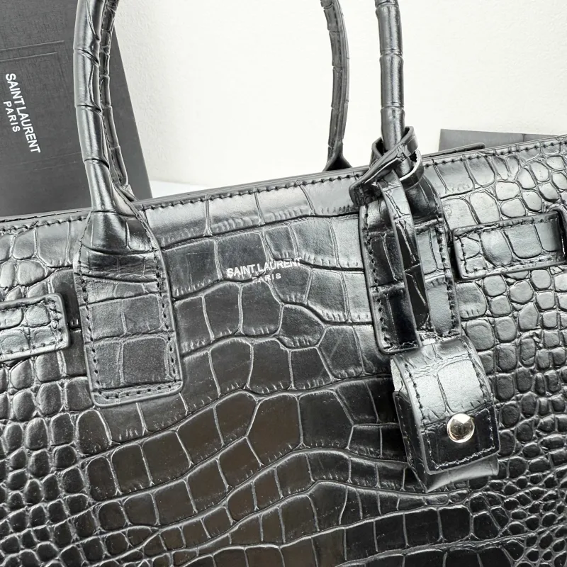 Saint Laurent 377183 Black Croc Embossed Top Handle Bag - Image 6