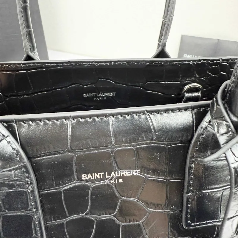 Saint Laurent 377183 Black Croc Embossed Top Handle Bag - Image 7