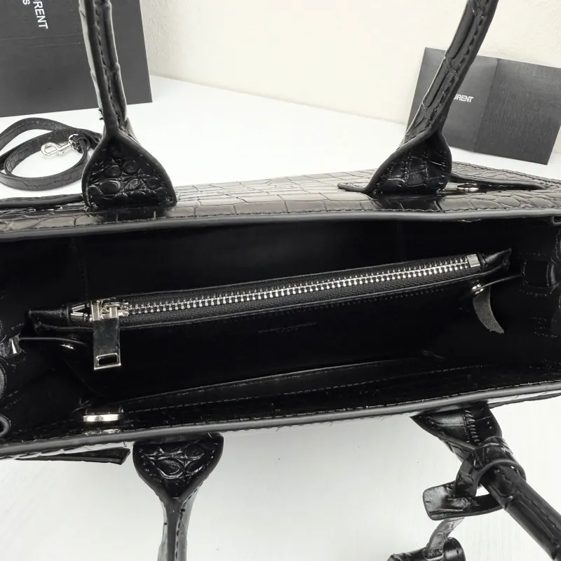 Saint Laurent 377183 Black Croc Embossed Top Handle Bag - Image 8