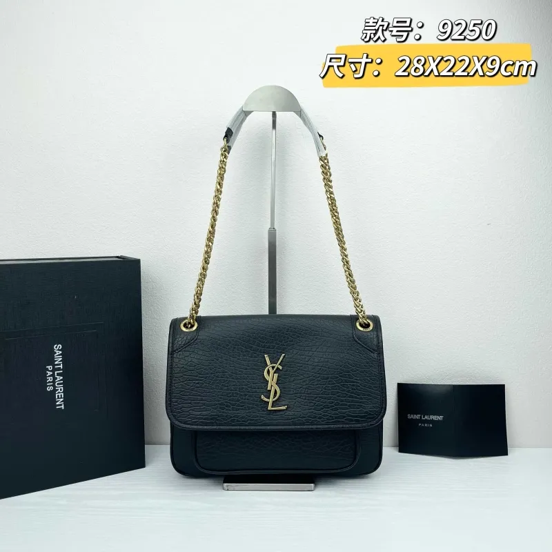 YSL Black Leather Chain Shoulder Bag Model 9250 Size 28x22x9cm
