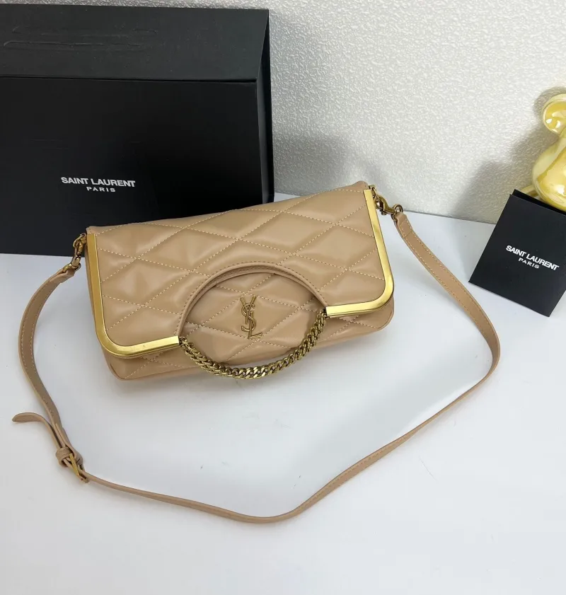 Saint Laurent Beige Quilted Top Handle Crossbody Bag