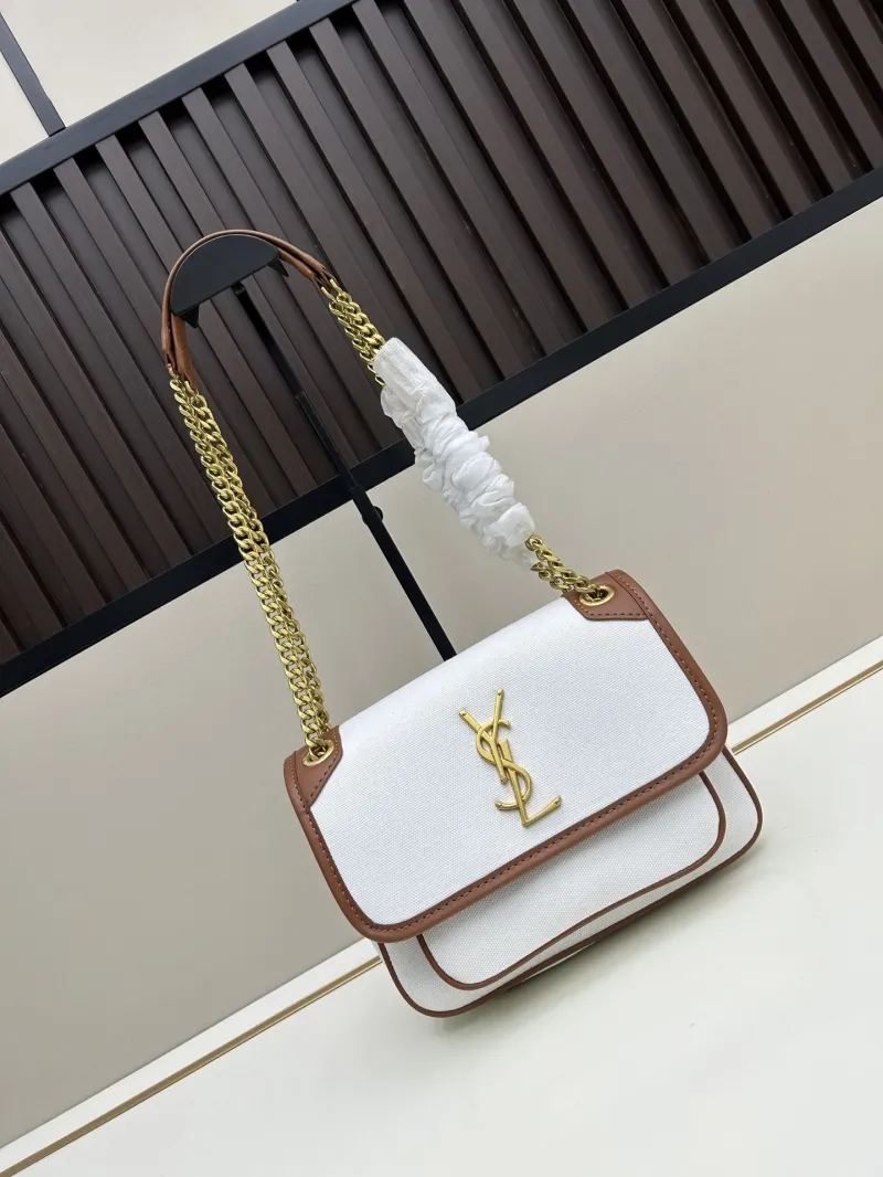 YSL White Brown Trim Chain Shoulder Bag 475