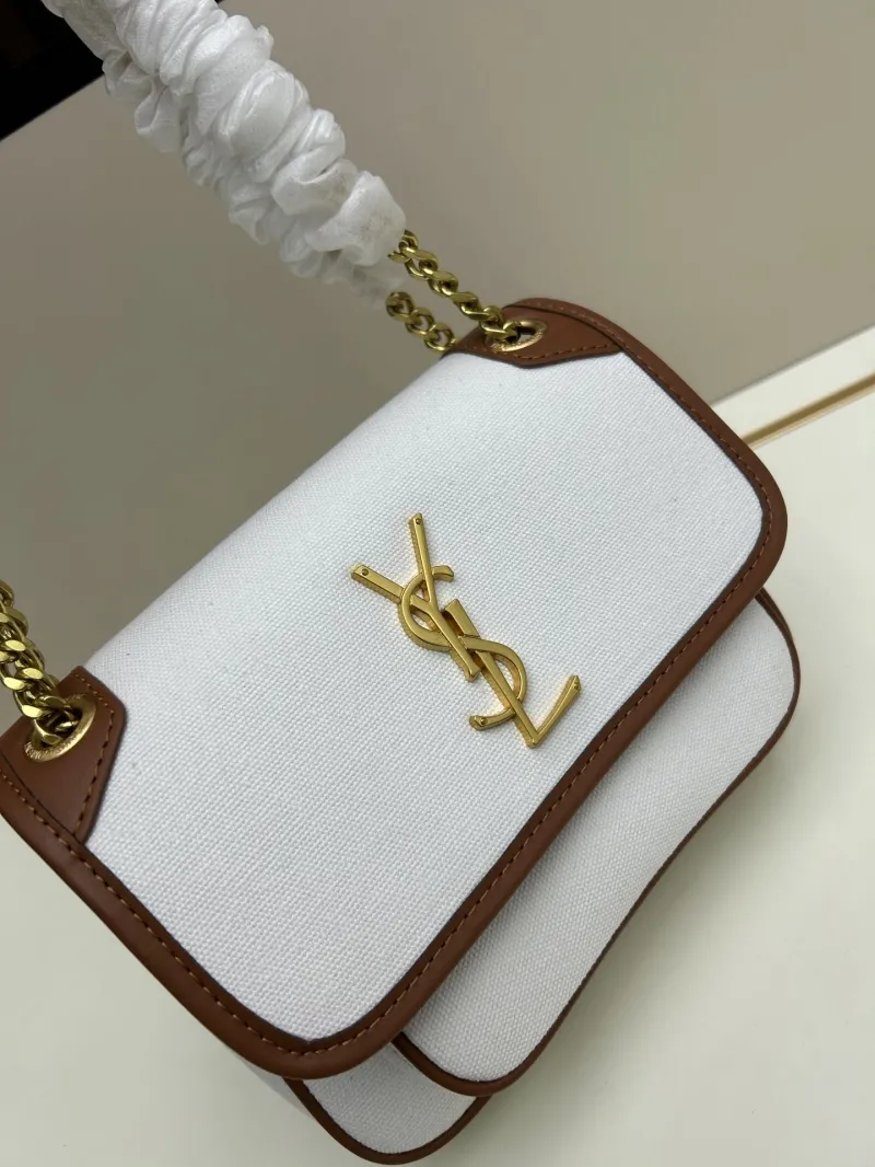 YSL White Brown Trim Chain Shoulder Bag 475 - Image 4