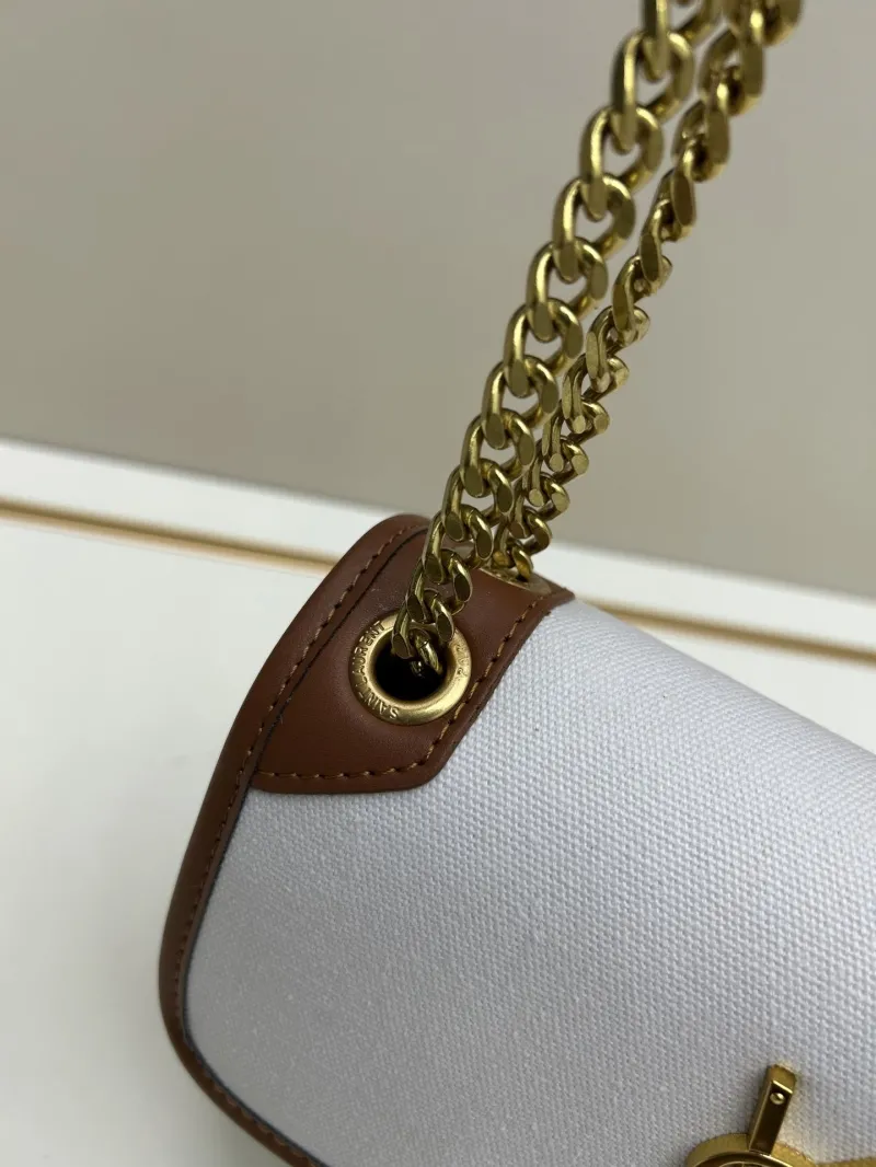 YSL White Brown Trim Chain Shoulder Bag 475 - Image 6
