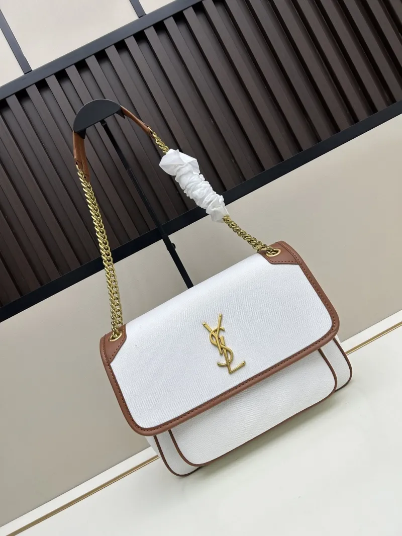 YSL White Brown Trim Shoulder Bag 476