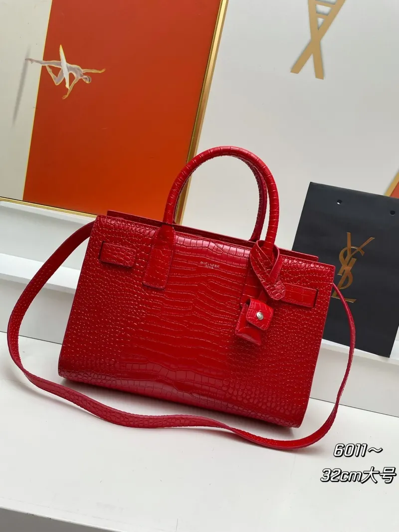 YSL Red Crocodile Embossed Large Top Handle Bag 6011