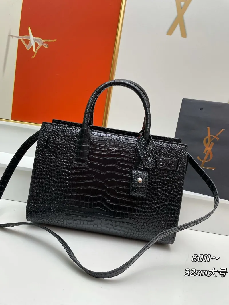 YSL Black Croc Embossed Top Handle Bag 6011 Large 32cm