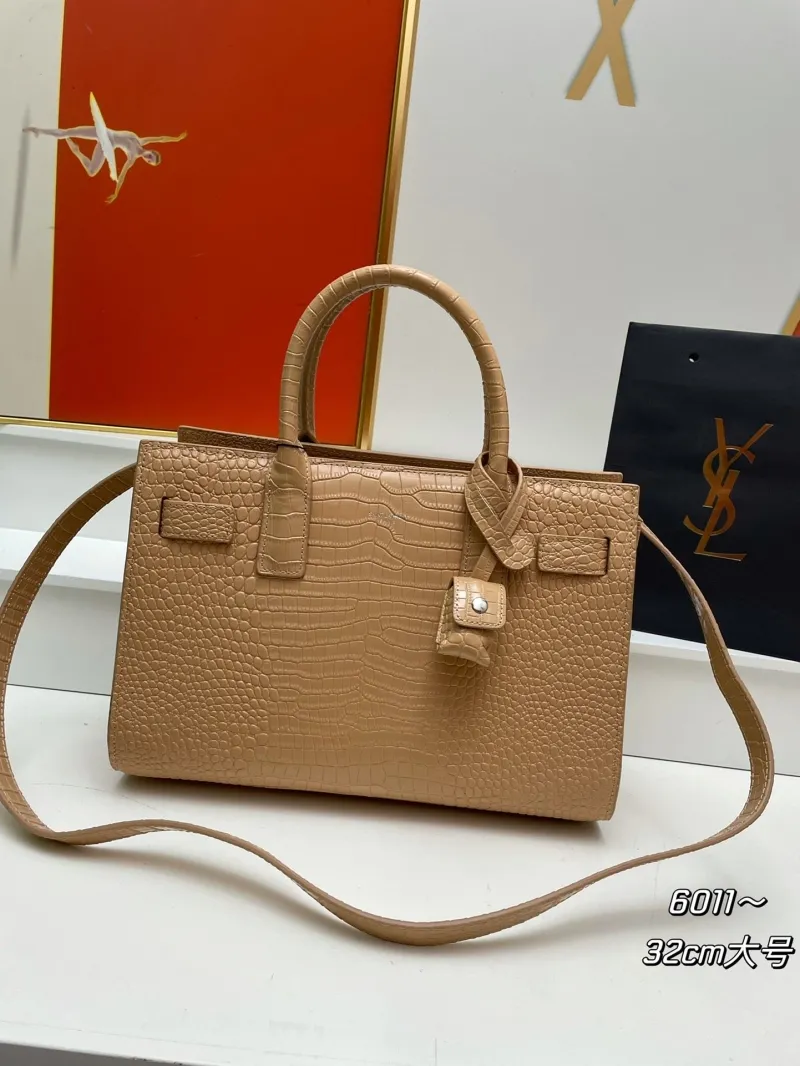 YSL 6011 Beige Croc Embossed Top Handle Bag 32cm Large
