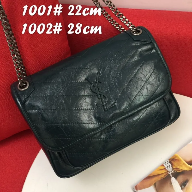 YSL Dark Green Leather Chain Shoulder Bag 1001# 22cm 1002# 28cm