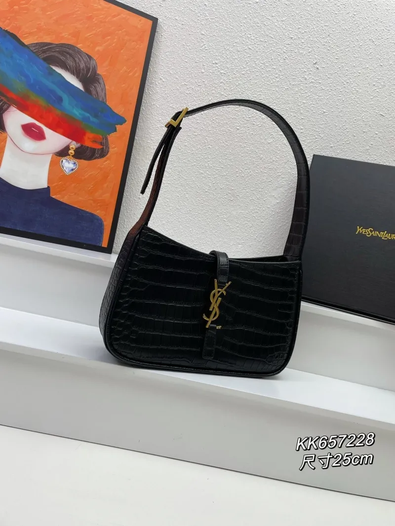 Alternative view of YSL Black Crocodile Embossed Shoulder Bag KK657228 25cm