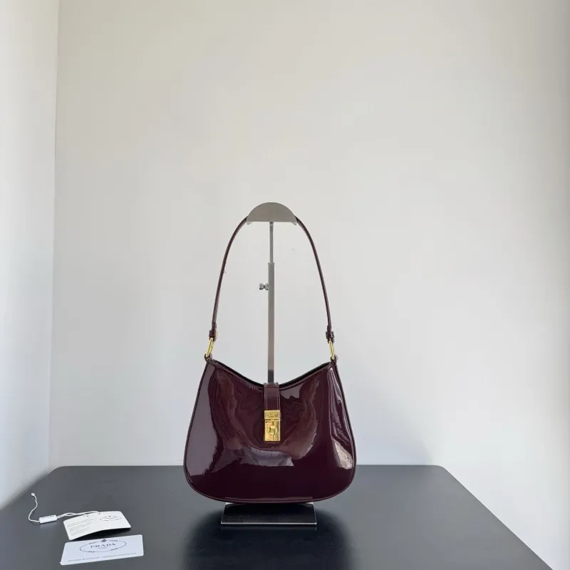 Prada Burgundy Patent Leather Hobo Shoulder Bag