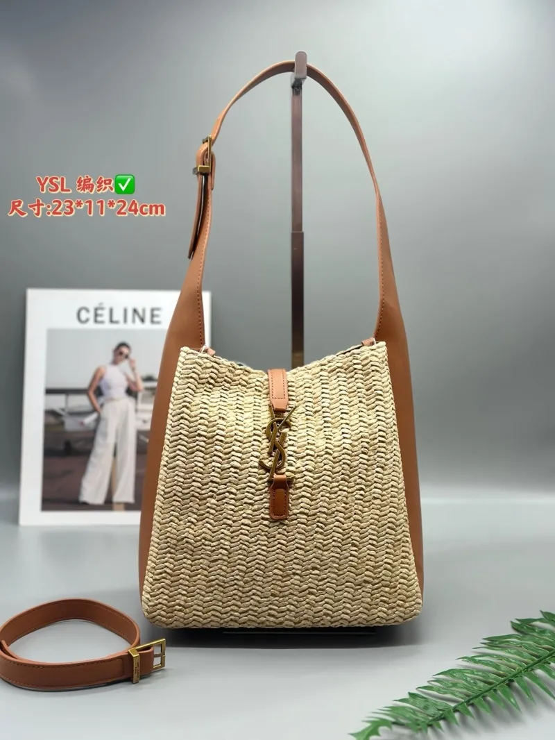 YSL Beige Woven Straw Shoulder Bag with Brown Leather