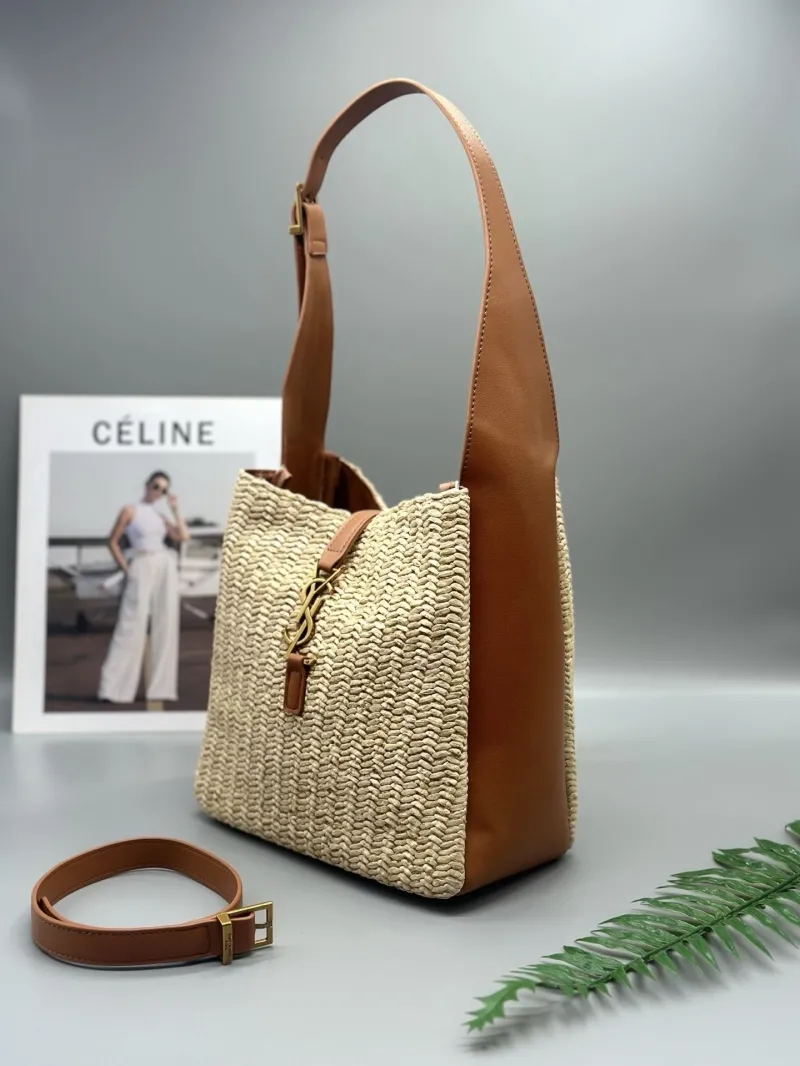 Alternative view of YSL Beige Woven Straw Shoulder Bag with Brown Leather
