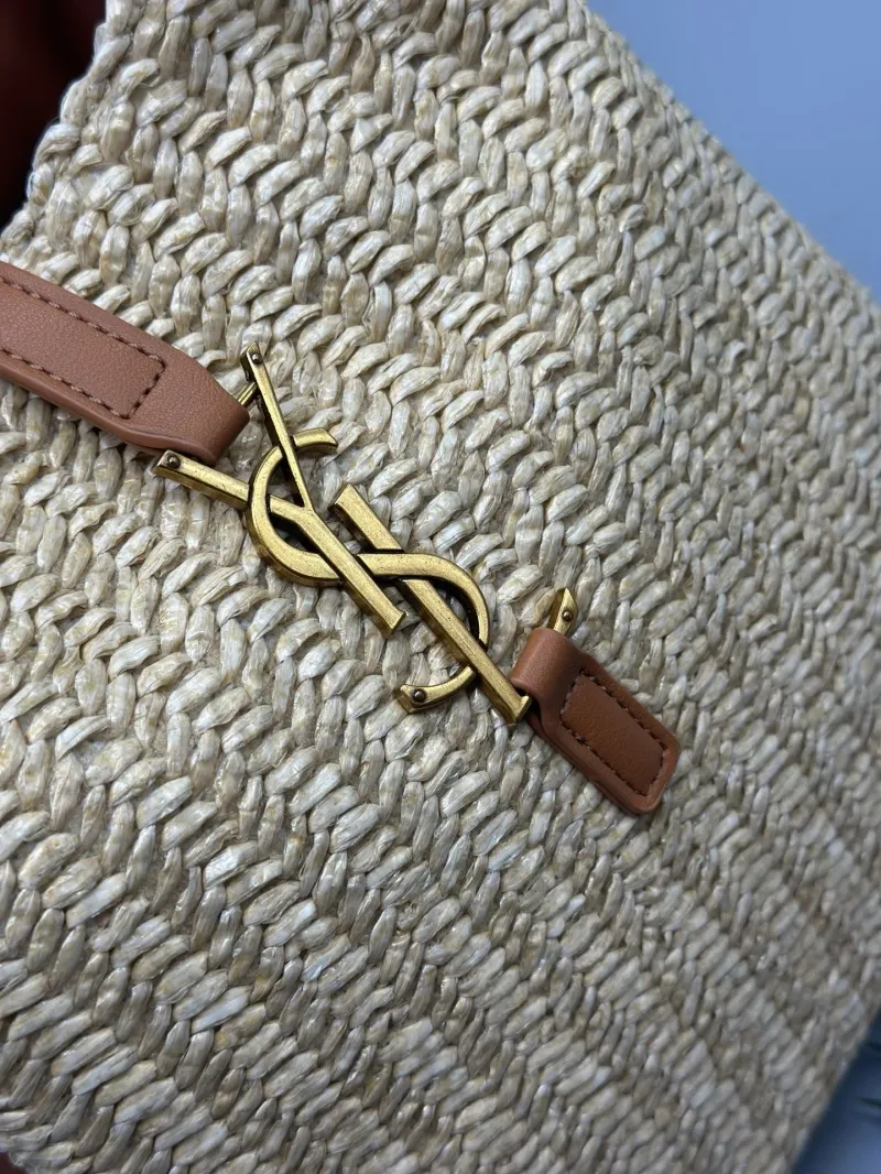 YSL Beige Woven Straw Shoulder Bag with Brown Leather - Image 3