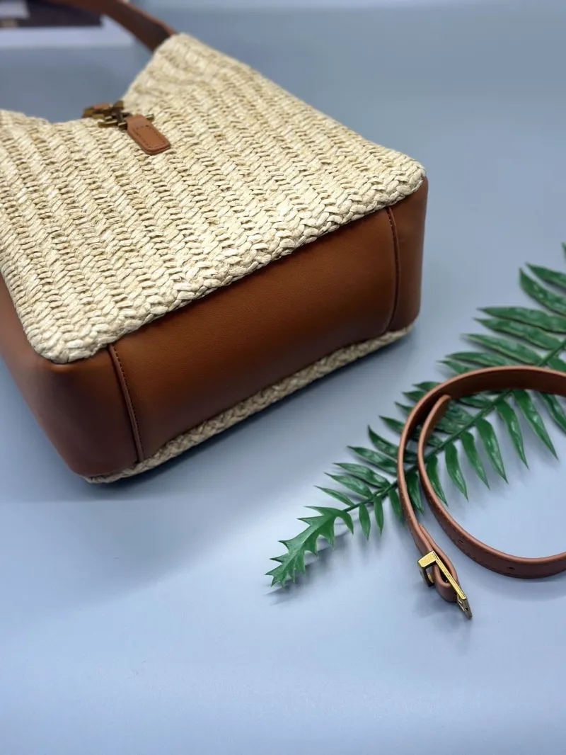 YSL Beige Woven Straw Shoulder Bag with Brown Leather - Image 4