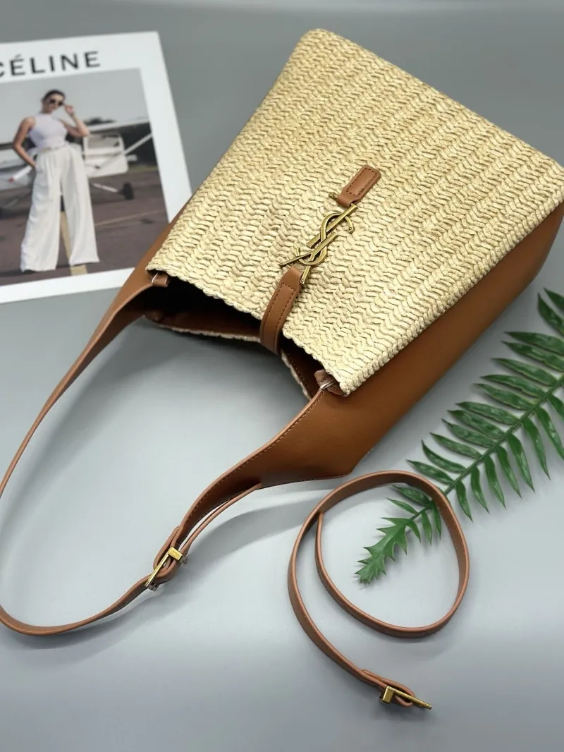 YSL Beige Woven Straw Shoulder Bag with Brown Leather - Image 5
